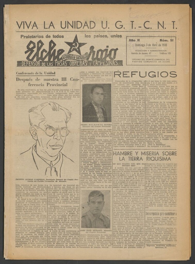 Miniatura de Elche rojo : semanario comunista : defensor de las masas obreras y campesinas : órgano del comité comarcal del Partido Comunista de Elche del 3 de abril de 1938