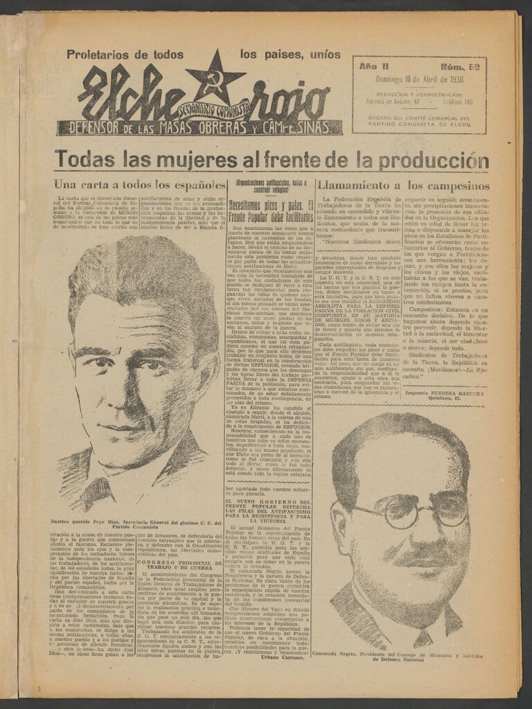 Miniatura de Elche rojo : semanario comunista : defensor de las masas obreras y campesinas : órgano del comité comarcal del Partido Comunista de Elche del 10 de abril de 1938