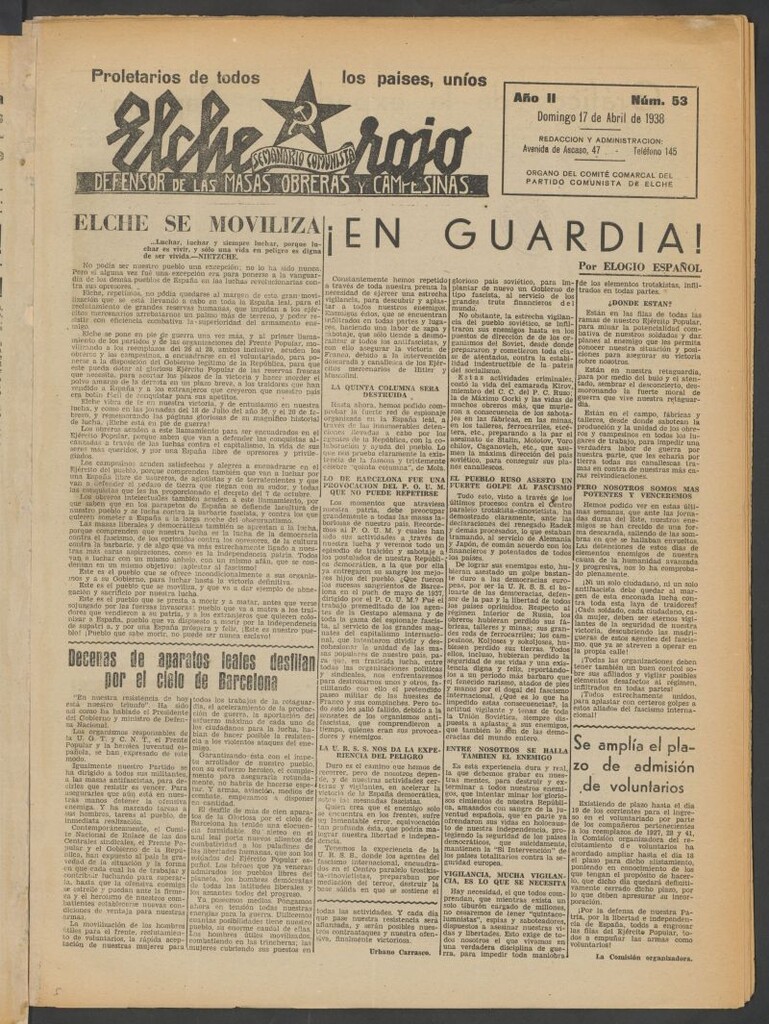 Miniatura de Elche rojo : semanario comunista : defensor de las masas obreras y campesinas : órgano del comité comarcal del Partido Comunista de Elche del 17de abril de 1938