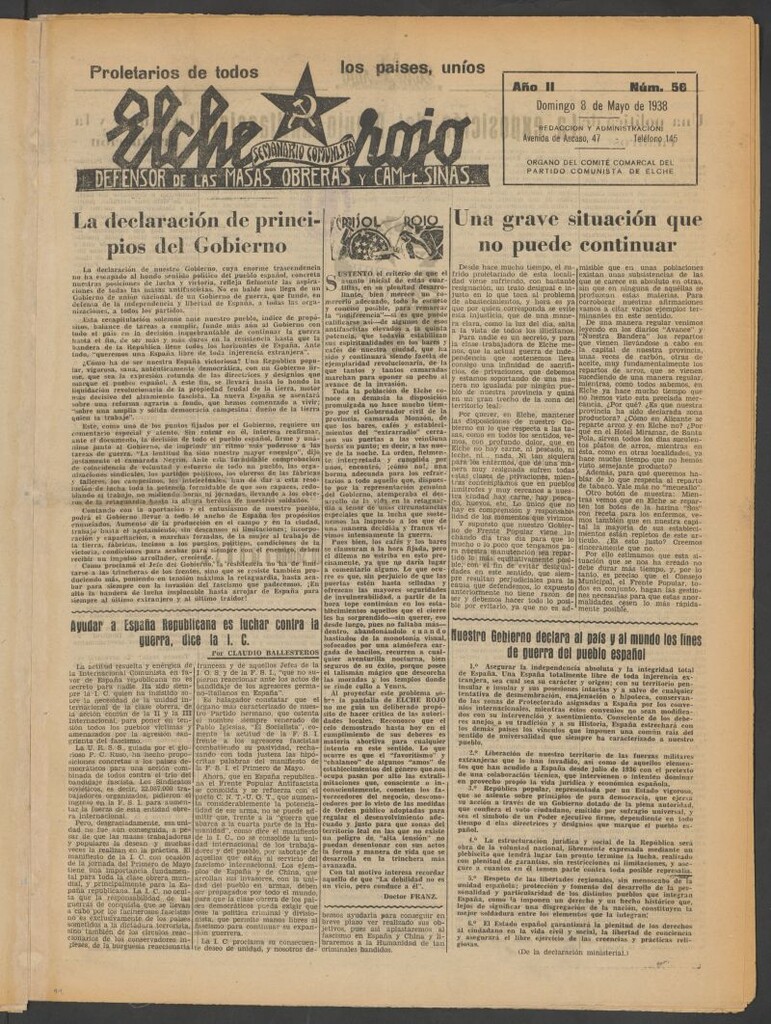 Miniatura de Elche rojo : semanario comunista : defensor de las masas obreras y campesinas : órgano del comité comarcal del Partido Comunista de Elche del 8 de mayo de 1938