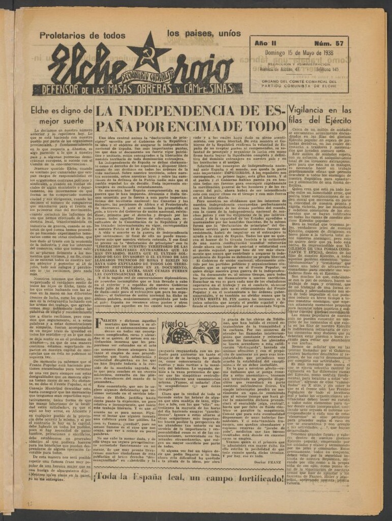Miniatura de Elche rojo : semanario comunista : defensor de las masas obreras y campesinas : órgano del comité comarcal del Partido Comunista de Elche del 15 de mayo de 1938