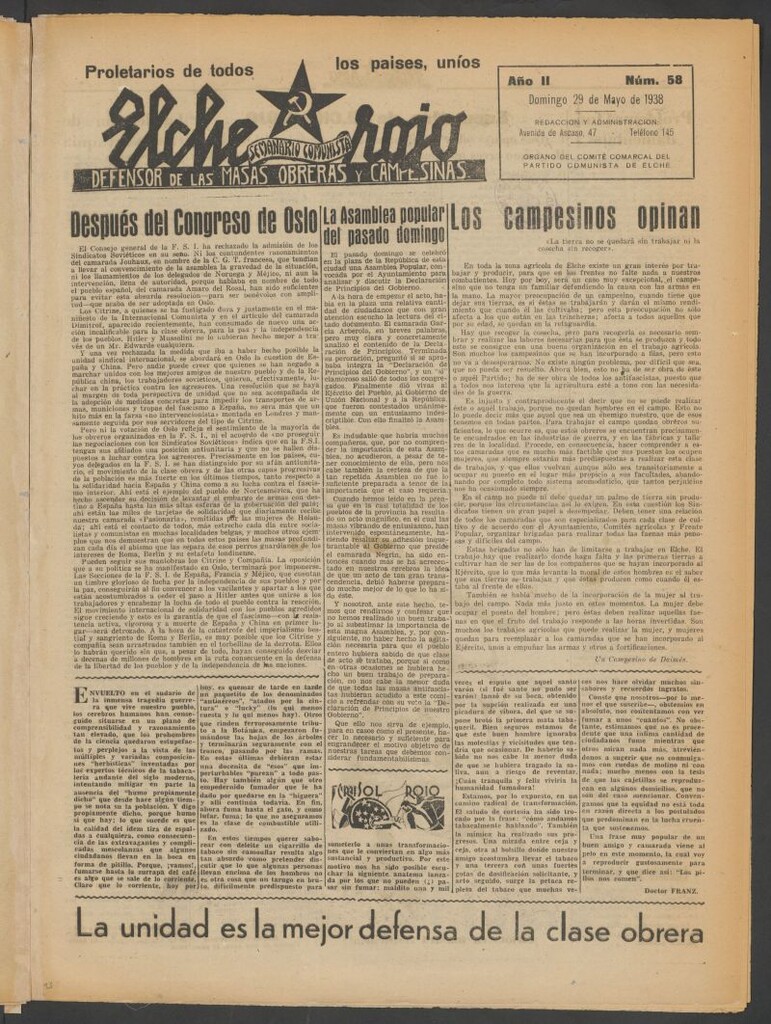 Miniatura de Elche rojo : semanario comunista : defensor de las masas obreras y campesinas : órgano del comité comarcal del Partido Comunista de Elche del 29 de mayo de 1938