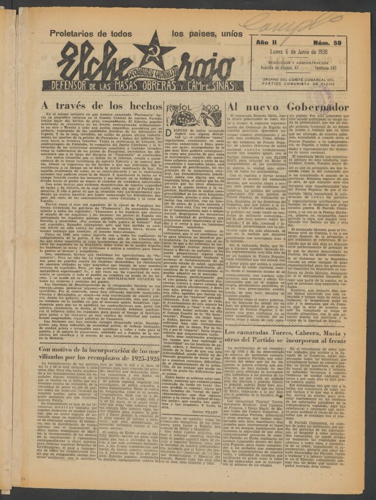 Miniatura de Elche rojo : semanario comunista : defensor de las masas obreras y campesinas : órgano del comité comarcal del Partido Comunista de Elche del 6 de junio de 1938