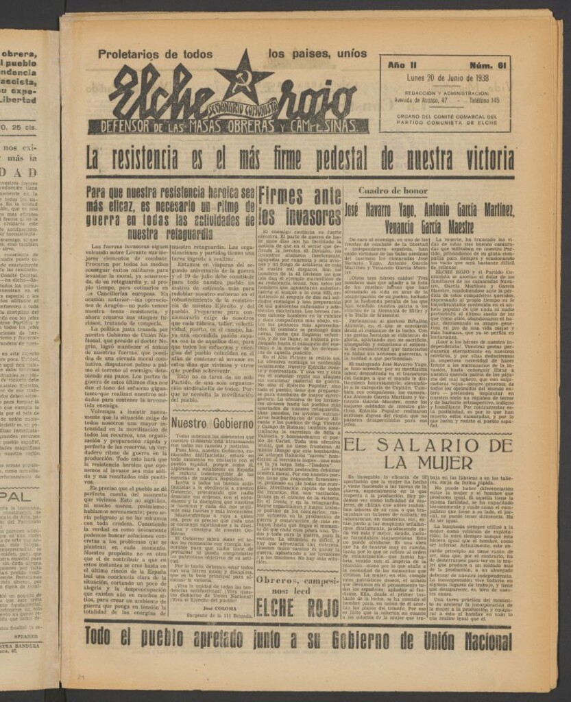 Miniatura de Elche rojo : semanario comunista : defensor de las masas obreras y campesinas : órgano del comité comarcal del Partido Comunista de Elche del 20 de junio de 1938