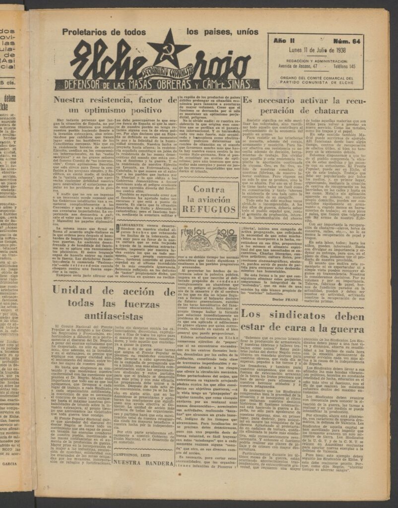 Miniatura de Elche rojo : semanario comunista : defensor de las masas obreras y campesinas : órgano del comité comarcal del Partido Comunista de Elche del 11 de julio de 1938