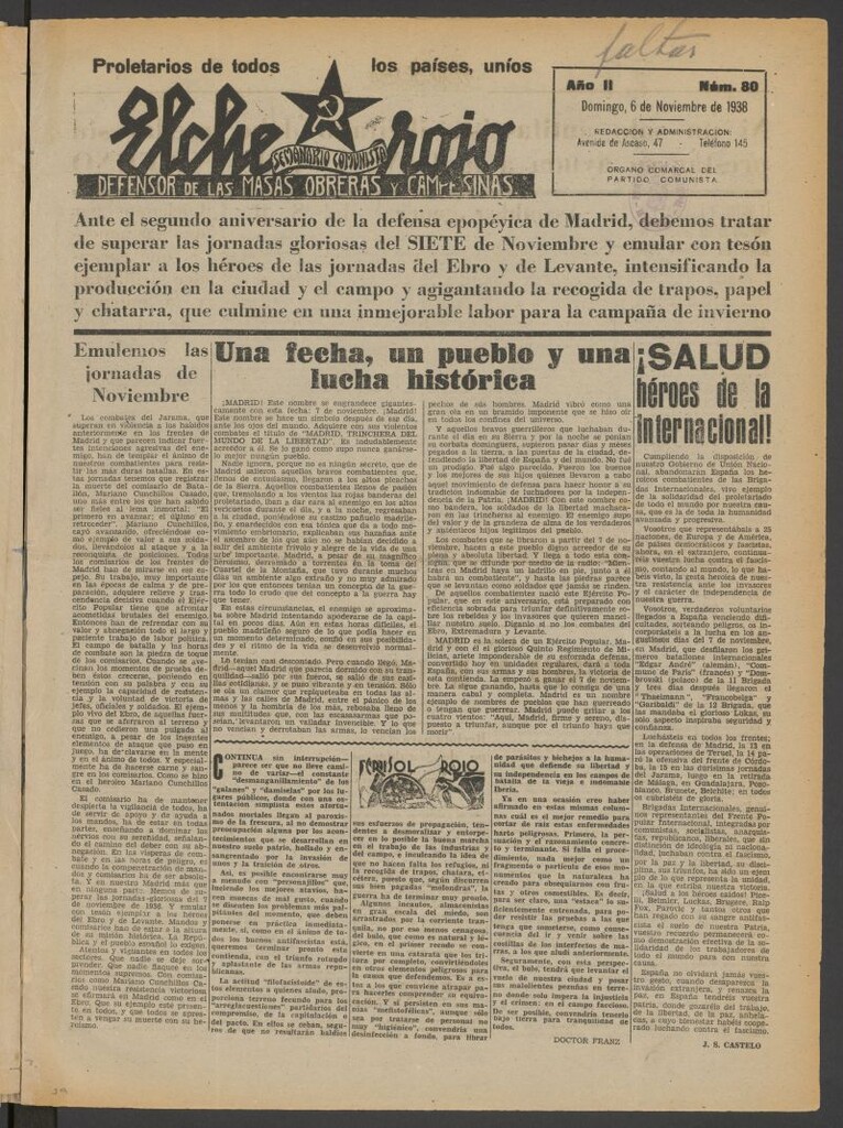 Miniatura de Elche rojo : semanario comunista : defensor de las masas obreras y campesinas : órgano del comité comarcal del Partido Comunista de Elche del 6 de noviembre de 1938