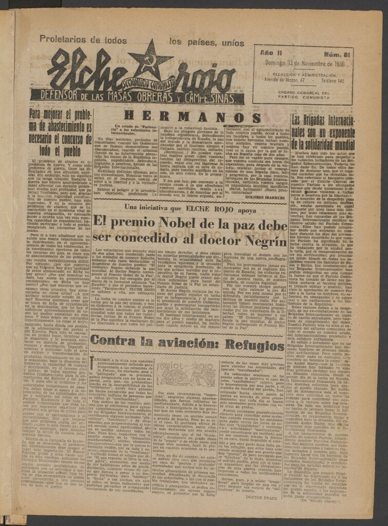 Miniatura de Elche rojo : semanario comunista : defensor de las masas obreras y campesinas : órgano del comité comarcal del Partido Comunista de Elche del 13 de noviembre de 1938