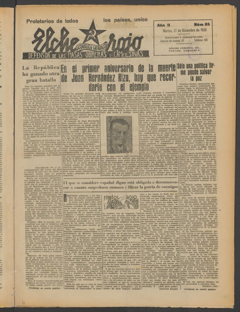 Miniatura de Elche rojo : semanario comunista : defensor de las masas obreras y campesinas : órgano del comité comarcal del Partido Comunista de Elche del 27 de diciembre de 1938