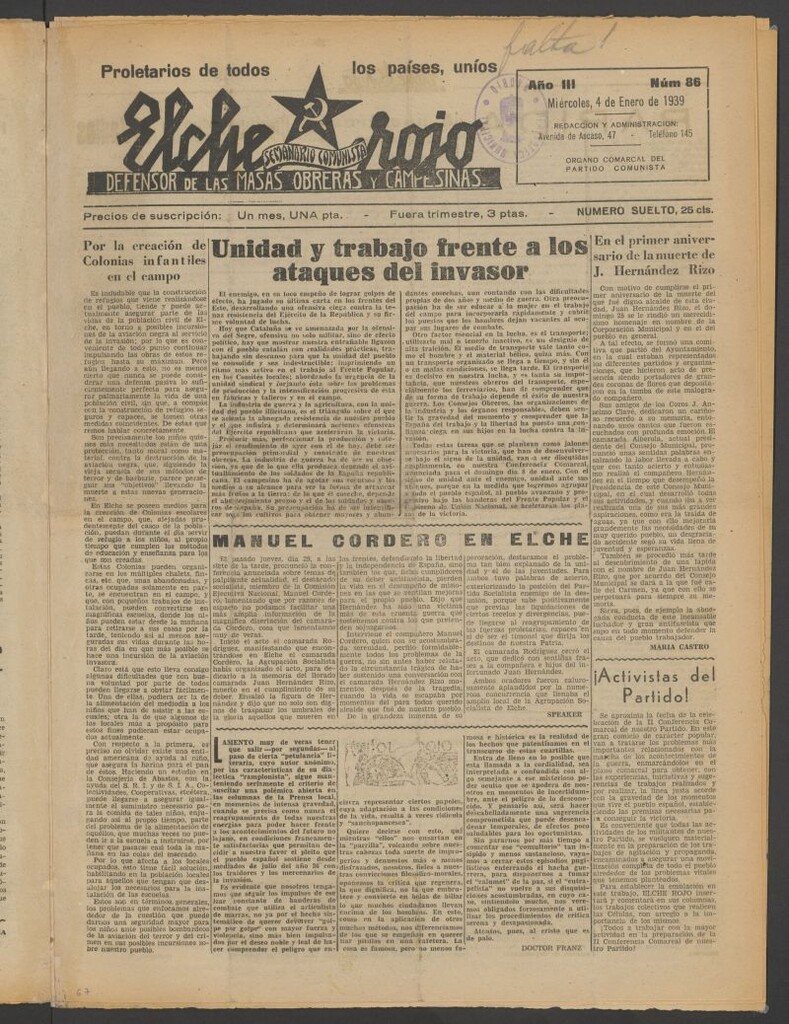 Miniatura de Elche rojo : semanario comunista : defensor de las masas obreras y campesinas : órgano del comité comarcal del Partido Comunista de Elche del 4 de enero de 1939