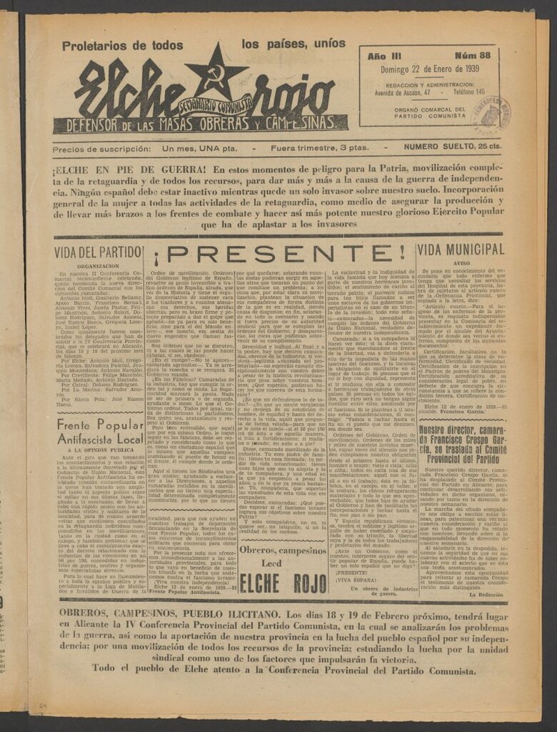 Miniatura de Elche rojo : semanario comunista : defensor de las masas obreras y campesinas : órgano del comité comarcal del Partido Comunista de Elche del 22 de enero de 1939