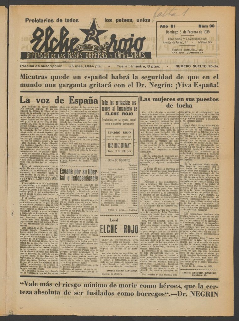 Miniatura de Elche rojo : semanario comunista : defensor de las masas obreras y campesinas : órgano del comité comarcal del Partido Comunista de Elche del 5 de febrero de 1939