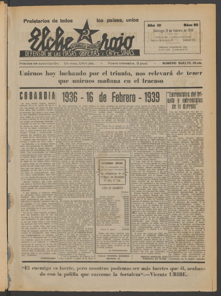 Miniatura de Elche rojo : semanario comunista : defensor de las masas obreras y campesinas : órgano del comité comarcal del Partido Comunista de Elche del 19 de febrero de 1939