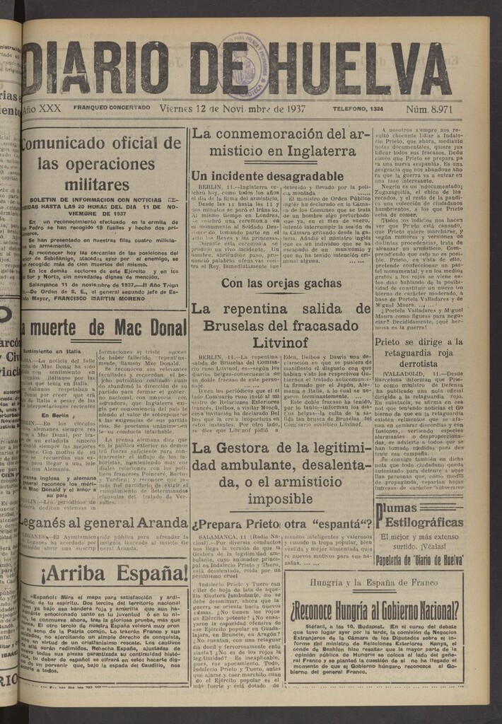 Miniatura de Diario de Huelva : periódico independiente del 12 de noviembre de 1937