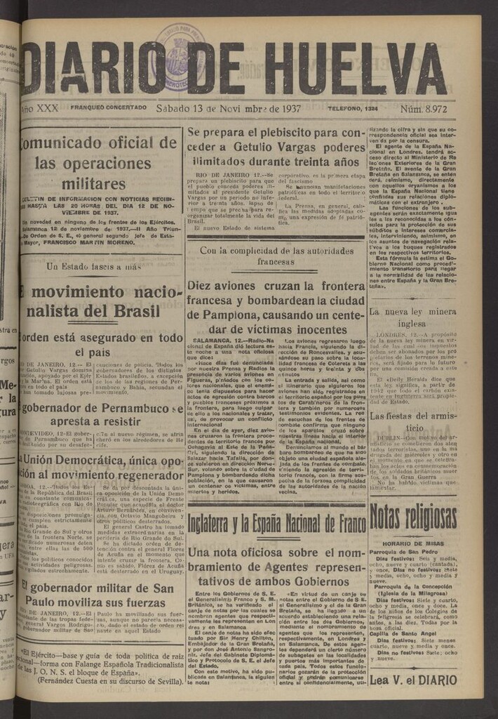 Miniatura de Diario de Huelva : periódico independiente del 13 de noviembre de 1937