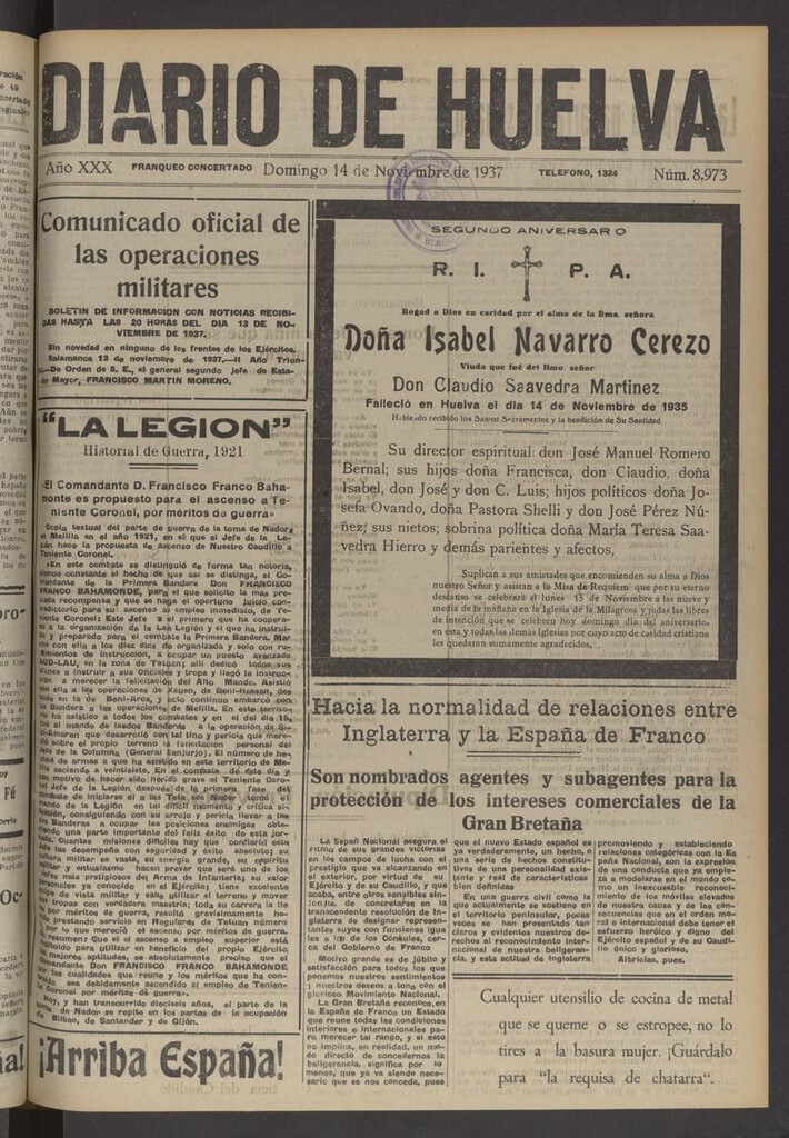 Miniatura de Diario de Huelva : periódico independiente del 14 de noviembre de 1937