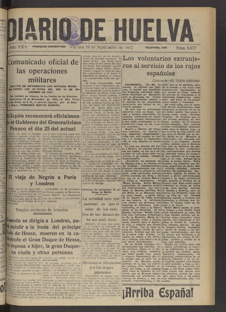 Miniatura de Diario de Huelva : periódico independiente del 19 de noviembre de 1937