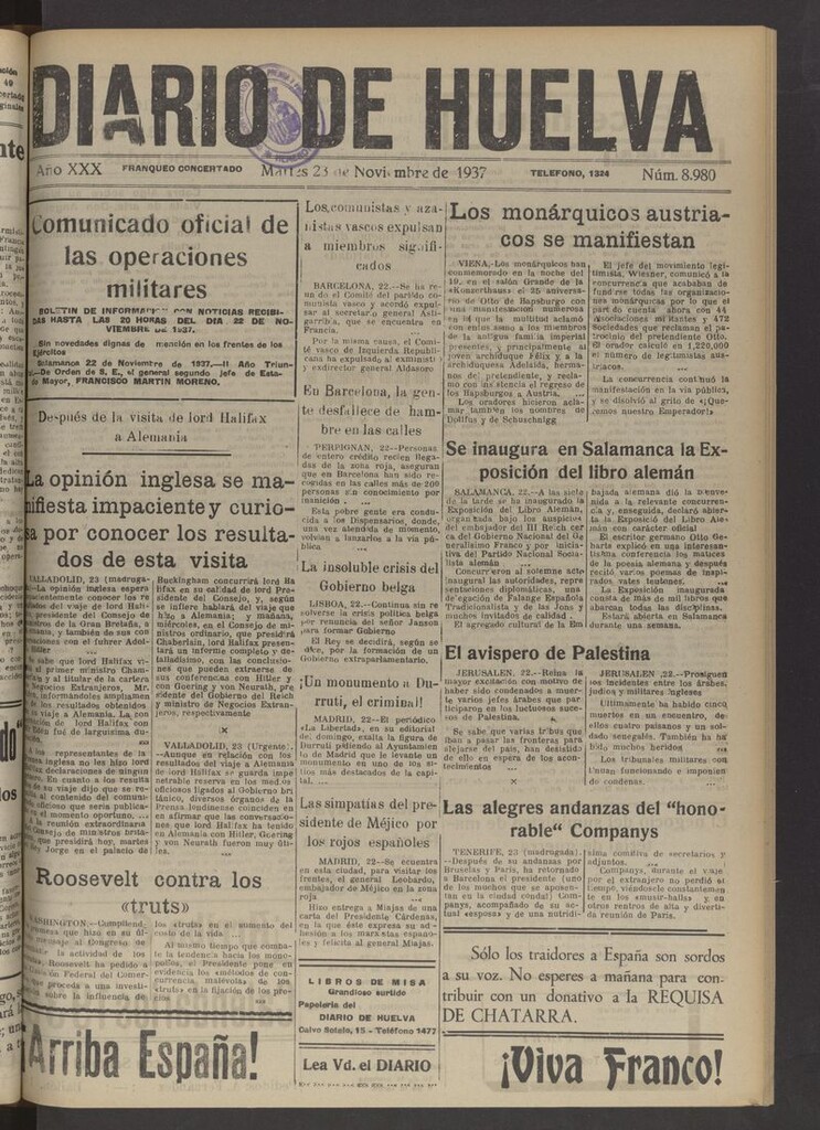 Miniatura de Diario de Huelva : periódico independiente del 23 de noviembre de 1937