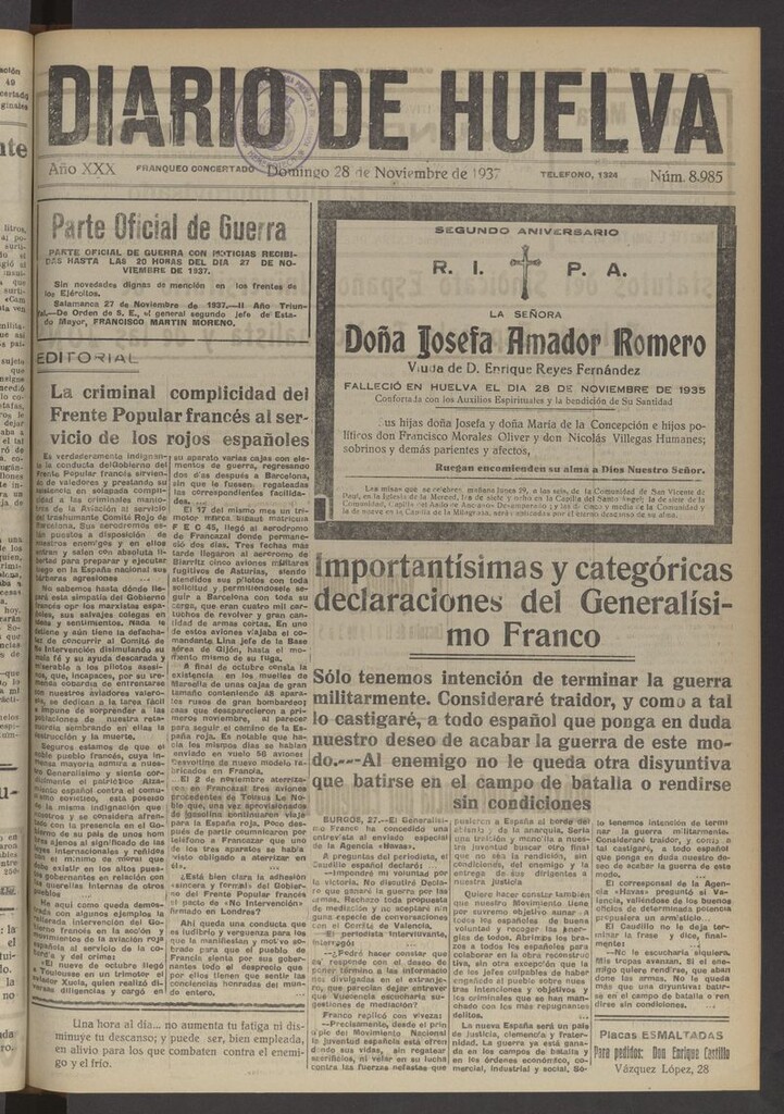 Miniatura de Diario de Huelva : periódico independiente del 28 de noviembre de 1937