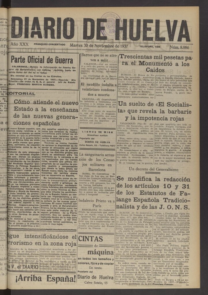 Miniatura de Diario de Huelva : periódico independiente del 30 de noviembre de 1937