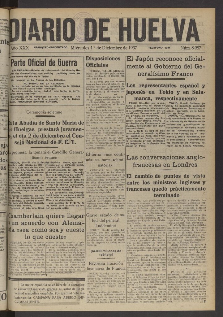 Miniatura de Diario de Huelva : periódico independiente del 1 de diciembre de 1937