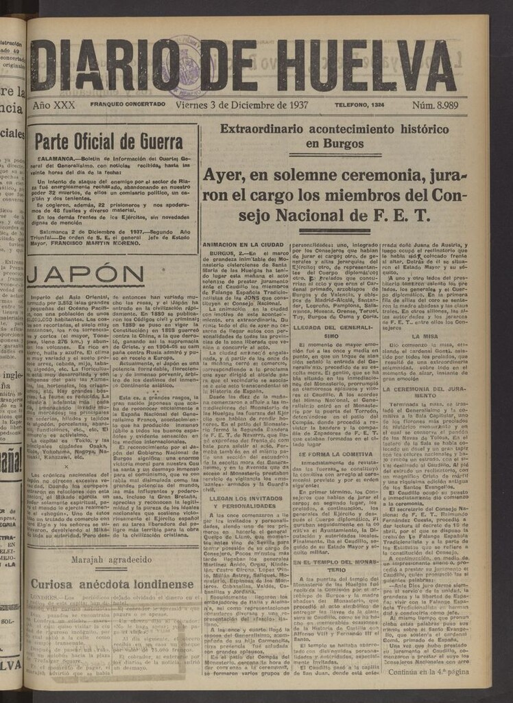 Miniatura de Diario de Huelva : periódico independiente del 3 de diciembre de 1937