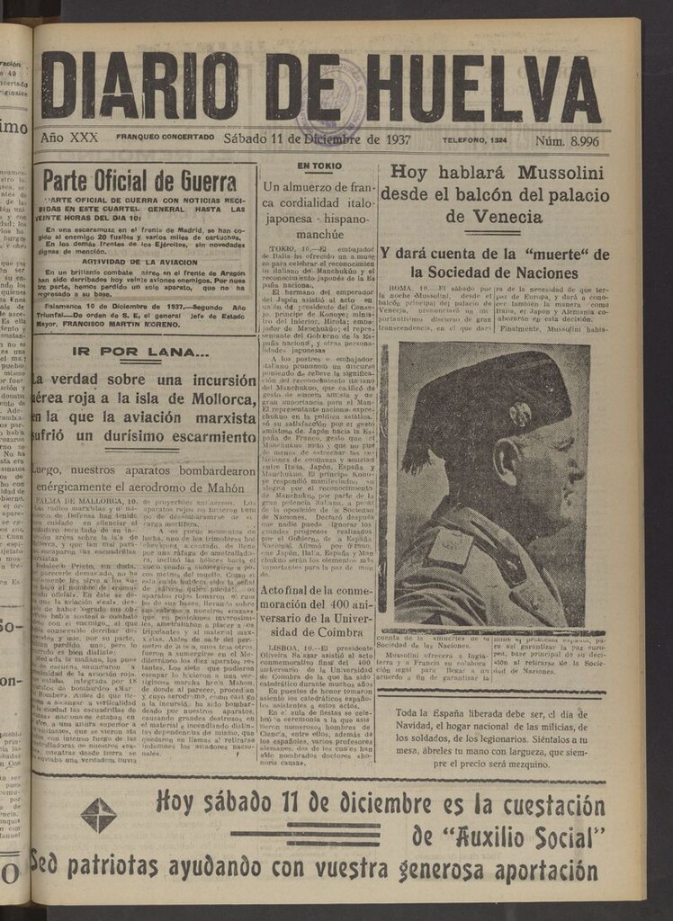 Miniatura de Diario de Huelva : periódico independiente del 11 de diciembre de 1937
