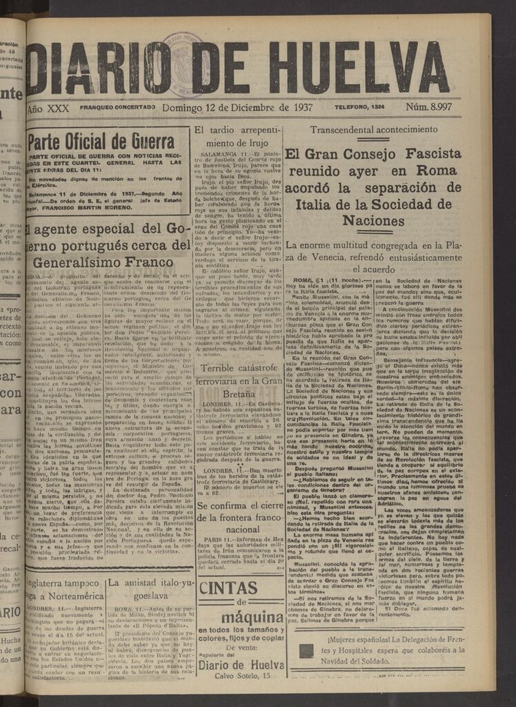 Miniatura de Diario de Huelva : periódico independiente del 12 de diciembre de 1937