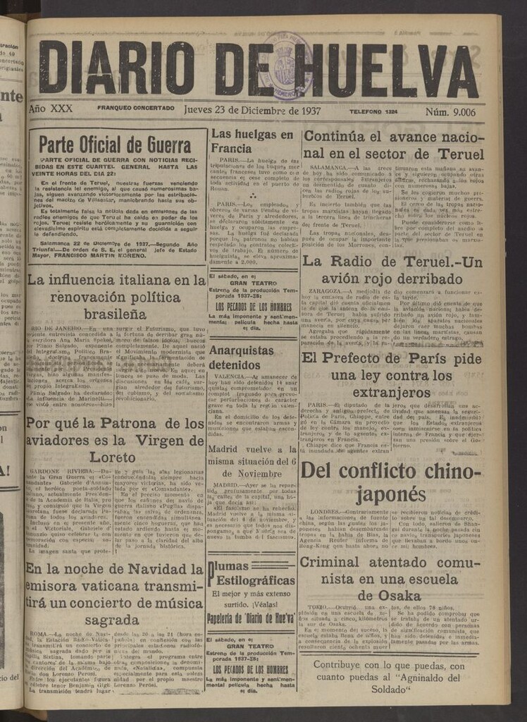 Miniatura de Diario de Huelva : periódico independiente del 23 de diciembre de 1937