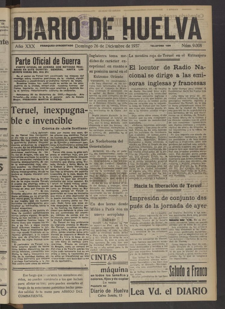 Miniatura de Diario de Huelva : periódico independiente del 26 de diciembre de 1937
