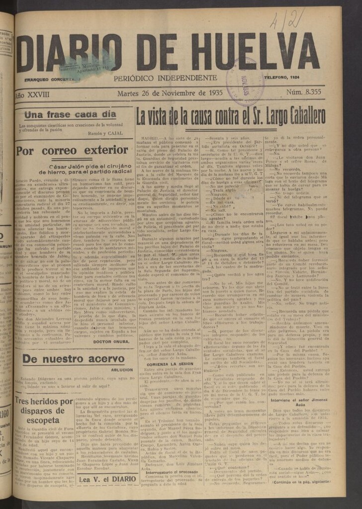 Miniatura de Diario de Huelva : periódico independiente del 26 de noviembre de 1935