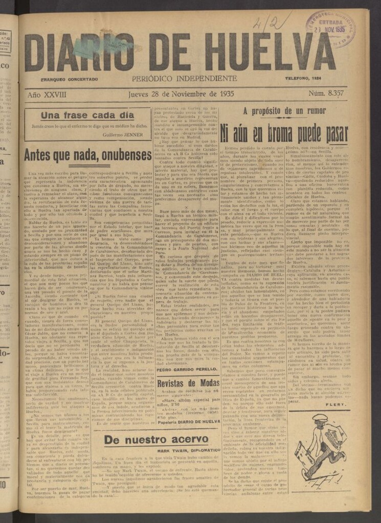 Miniatura de Diario de Huelva : periódico independiente del 28 de noviembre de 1935