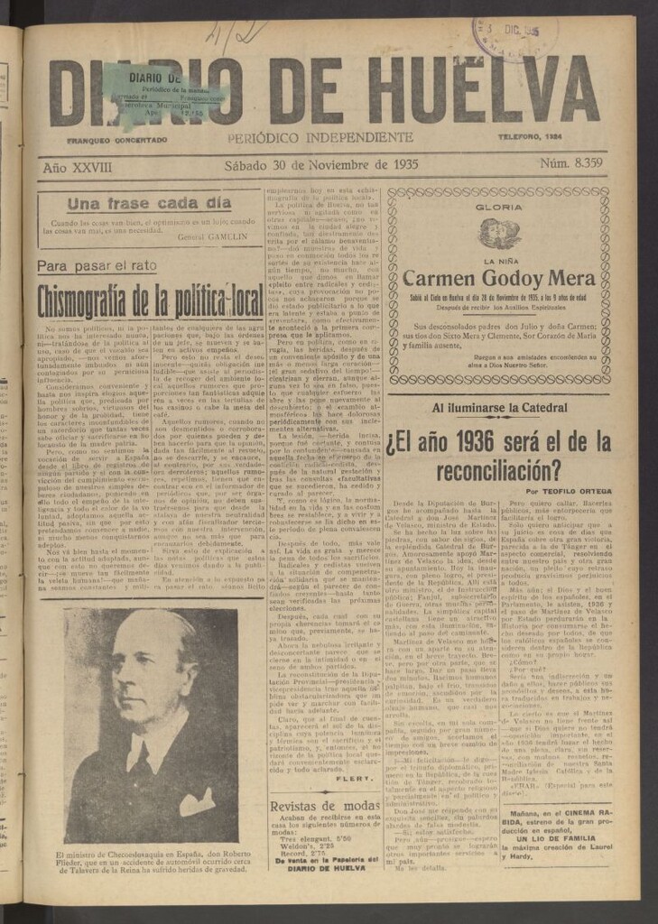 Miniatura de Diario de Huelva : periódico independiente del 30 de noviembre de 1935