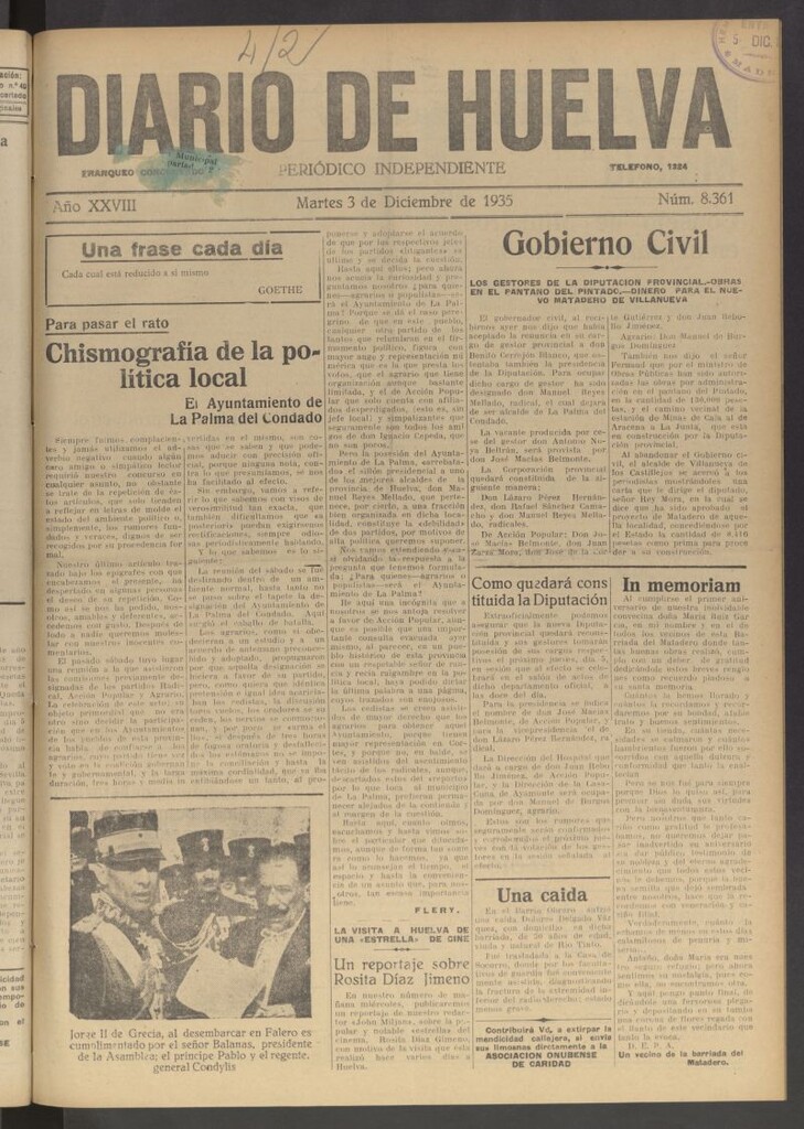 Miniatura de Diario de Huelva : periódico independiente del 3 de diciembre de 1935