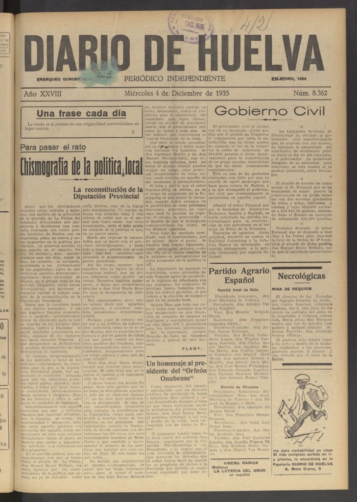 Miniatura de Diario de Huelva : periódico independiente del 4 de diciembre de 1935