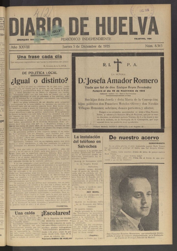 Miniatura de Diario de Huelva : periódico independiente del 5 de diciembre de 1935