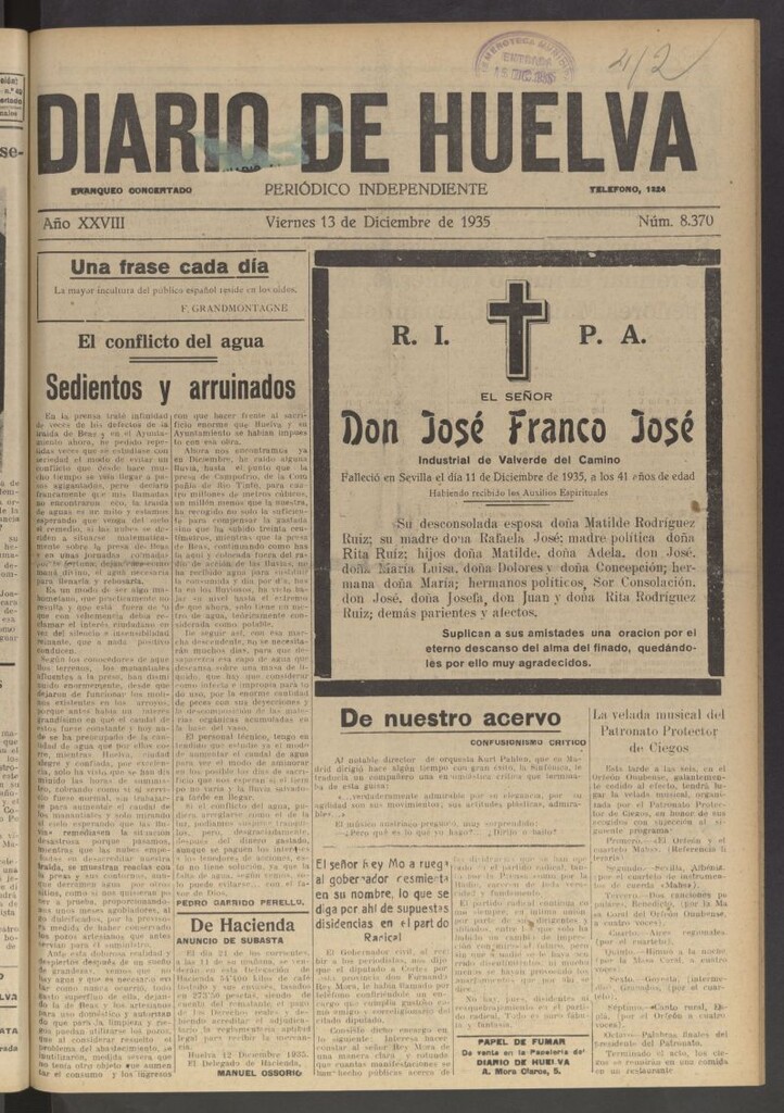 Miniatura de Diario de Huelva : periódico independiente del 13 de diciembre de 1935