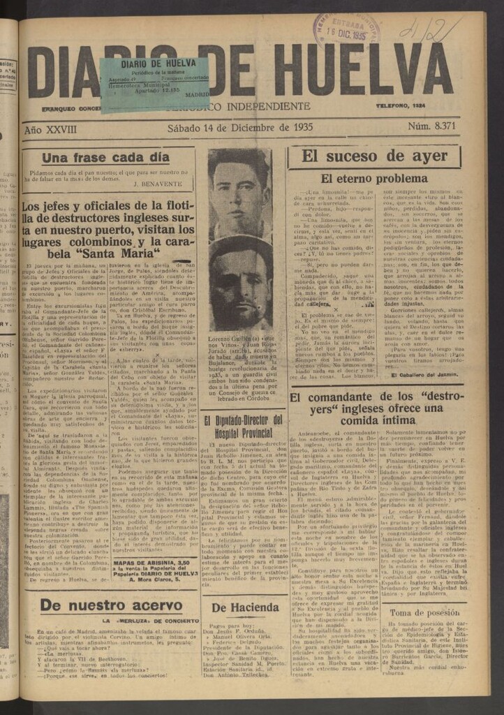 Miniatura de Diario de Huelva : periódico independiente del 14 de diciembre de 1935