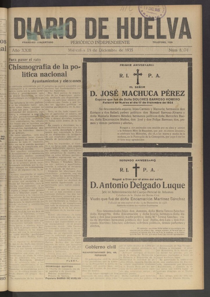 Miniatura de Diario de Huelva : periódico independiente del 18 de diciembre de 1935