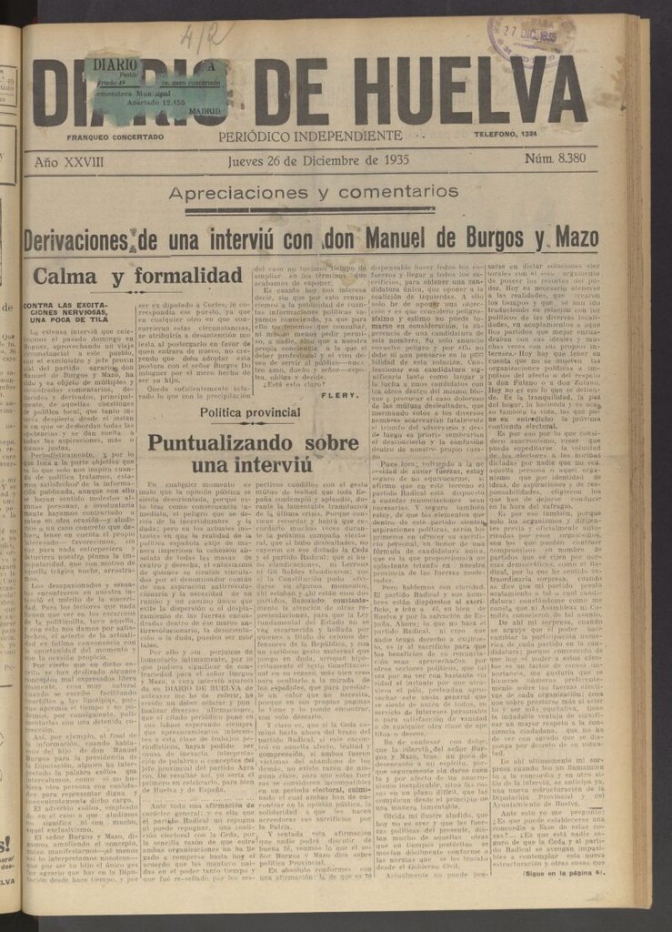 Miniatura de Diario de Huelva : periódico independiente del 26 de diciembre de 1935