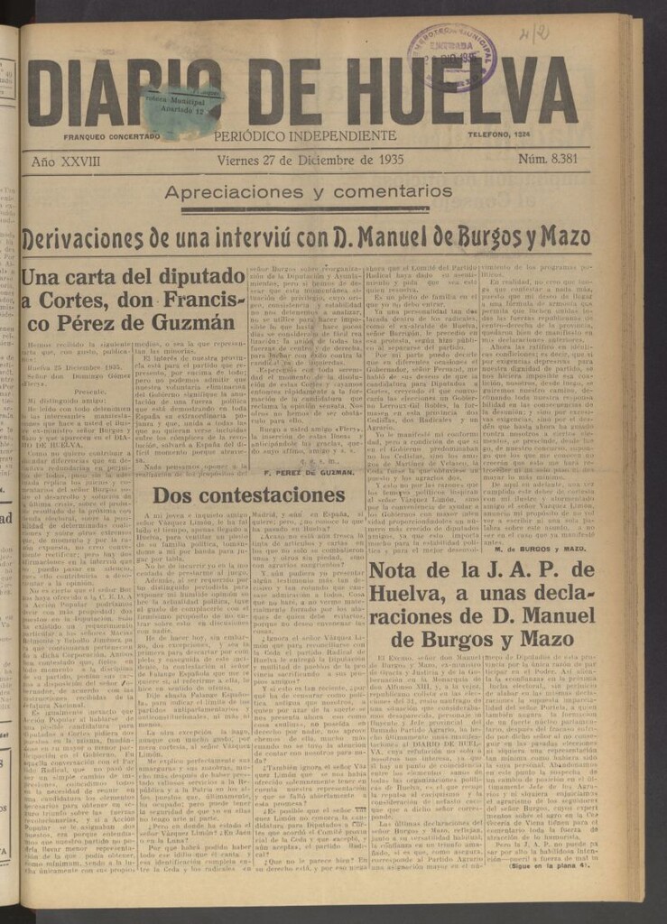Miniatura de Diario de Huelva : periódico independiente del 27 de diciembre de 1935