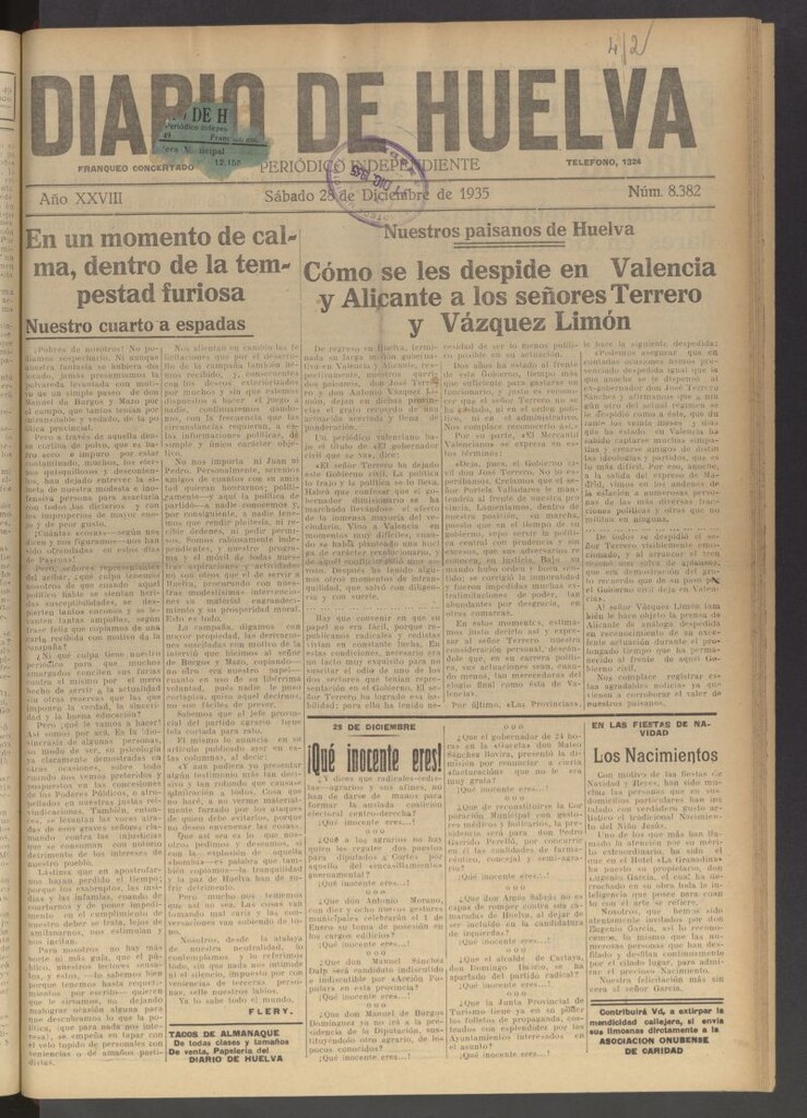 Miniatura de Diario de Huelva : periódico independiente del 28 de diciembre de 1935