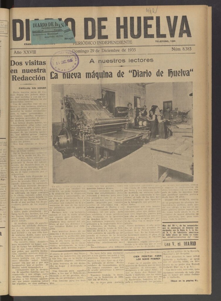 Miniatura de Diario de Huelva : periódico independiente del 29 de diciembre de 1935