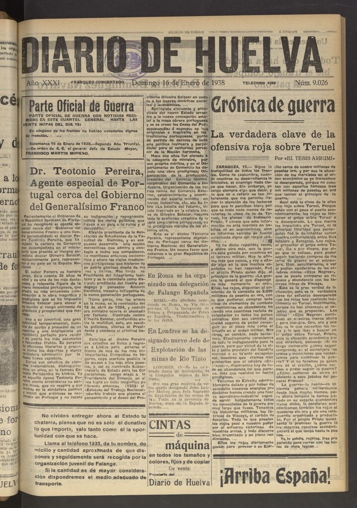 Miniatura de Diario de Huelva : periódico independiente del 16 de enero de 1938