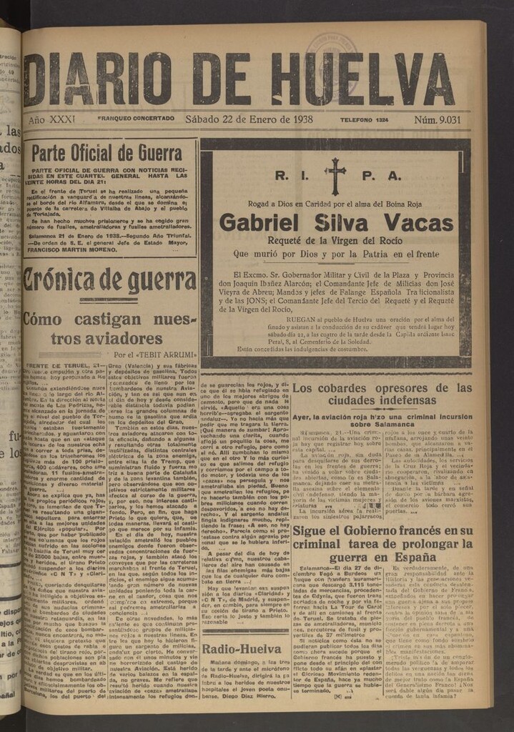 Miniatura de Diario de Huelva : periódico independiente del 22 de enero de 1938
