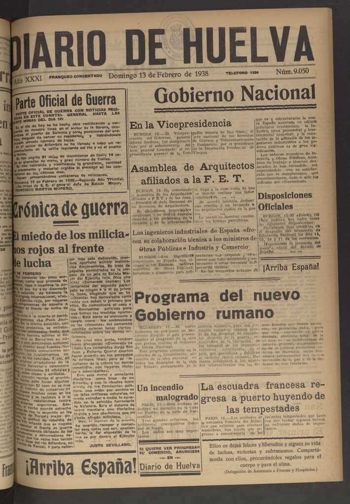 Miniatura de Diario de Huelva : periódico independiente del 13 de febrero de 1938