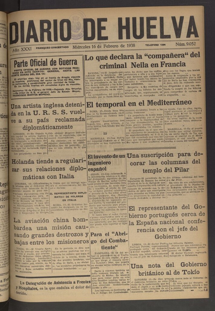 Miniatura de Diario de Huelva : periódico independiente del 16 de febrero de 1938