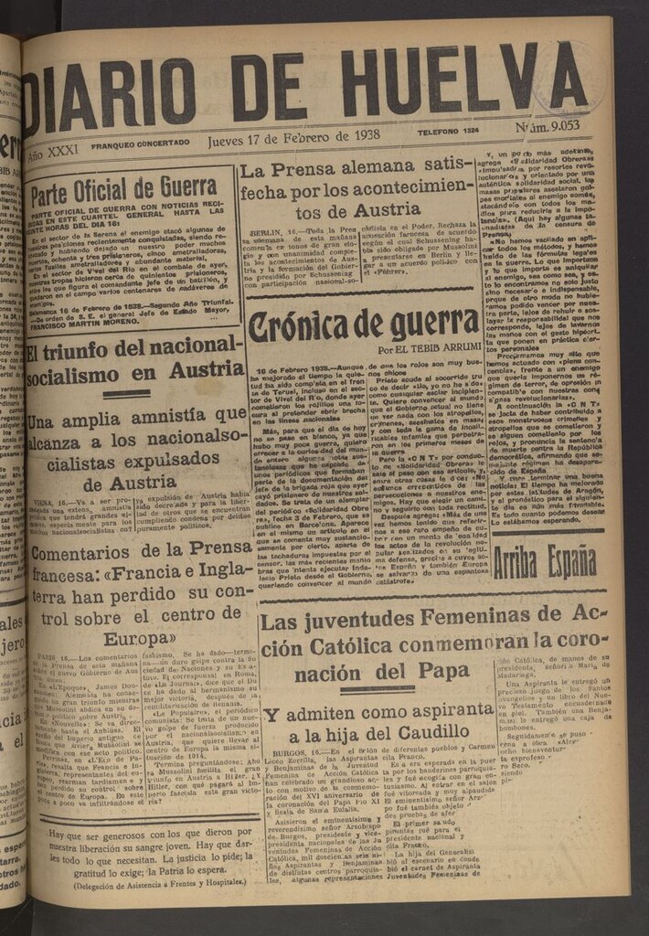Miniatura de Diario de Huelva : periódico independiente del 17 de febrero de 1938