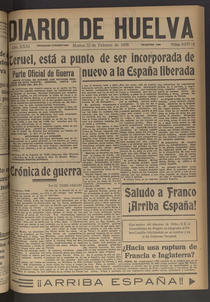 Miniatura de Diario de Huelva : periódico independiente del 22 de febrero de 1938
