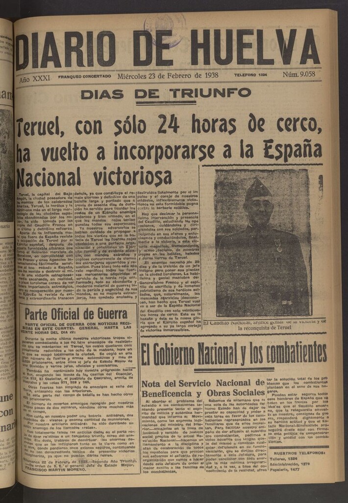 Miniatura de Diario de Huelva : periódico independiente del 23 de febrero de 1938