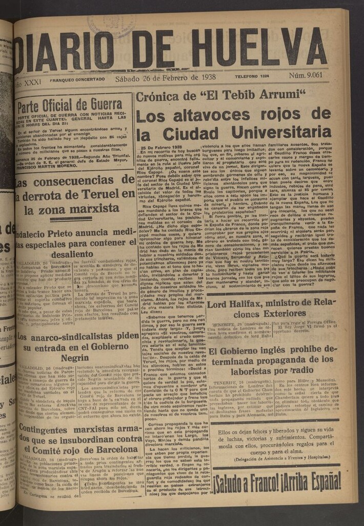 Miniatura de Diario de Huelva : periódico independiente del 26 de febrero de 1938